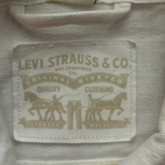 LEVI'S White Denim Trucker Jacket Women sz L Cropped Raw Hem - See Notes - Picture 7 of 11